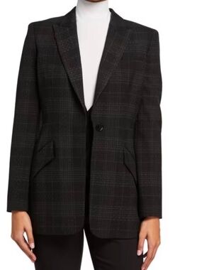 Elie Tahari MADISON Plaid One Button Blazer Charcoal/Black Sz 12